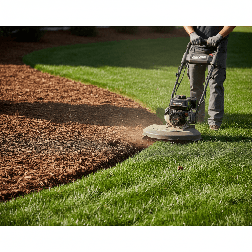 Landscaper creating sharp lawn edge with powered edger