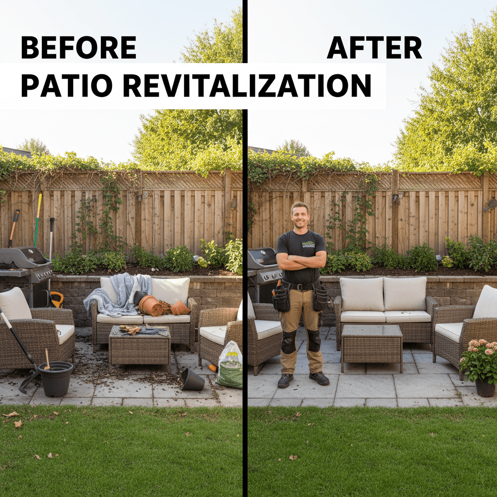 Before and after comparison of backyard cleaning transformation