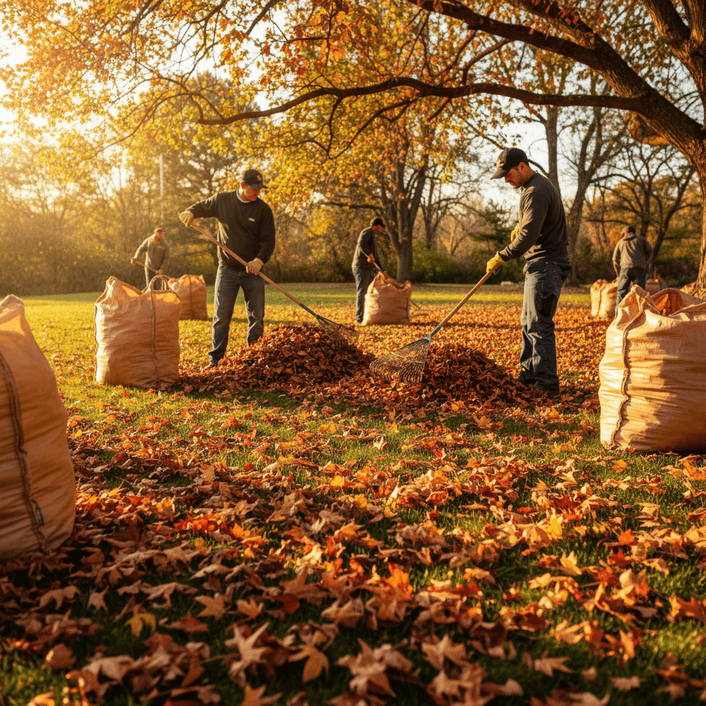 Team performing fall cleanup with leaf removal and yard preparation