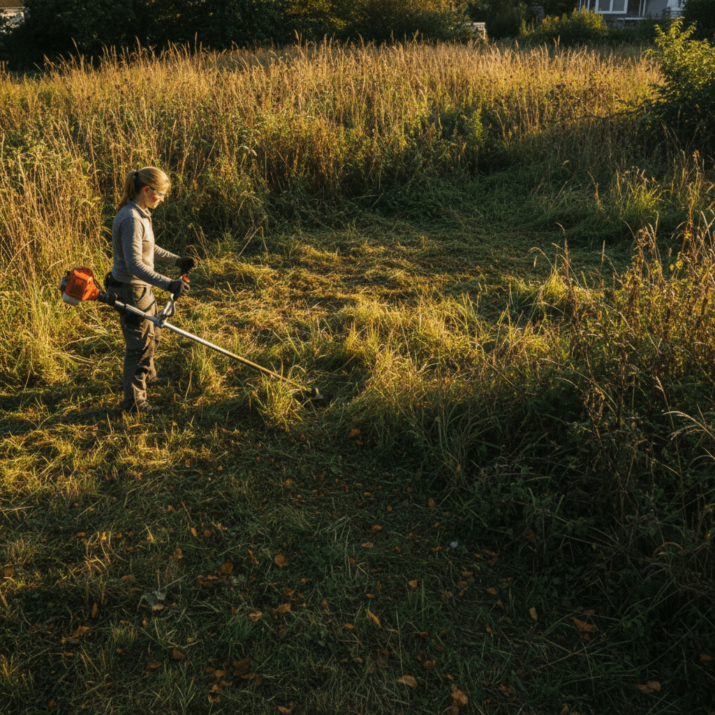 Landscaper restoring overgrown lawn with string trimmer