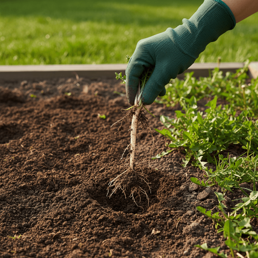 Close-up of hand removing weeds showing root removal