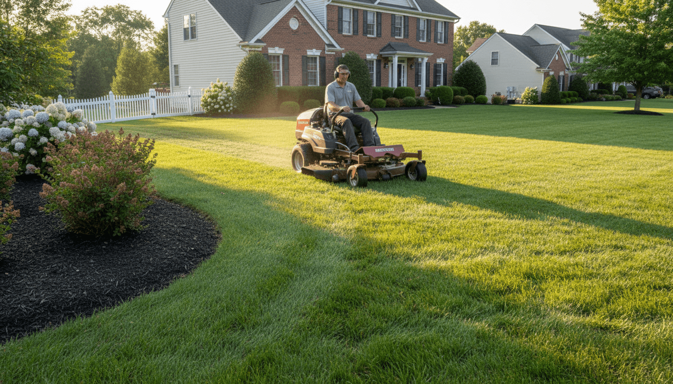 Professional lawn care technician cutting grass with precision equipment on a healthy residential lawn in Brampton