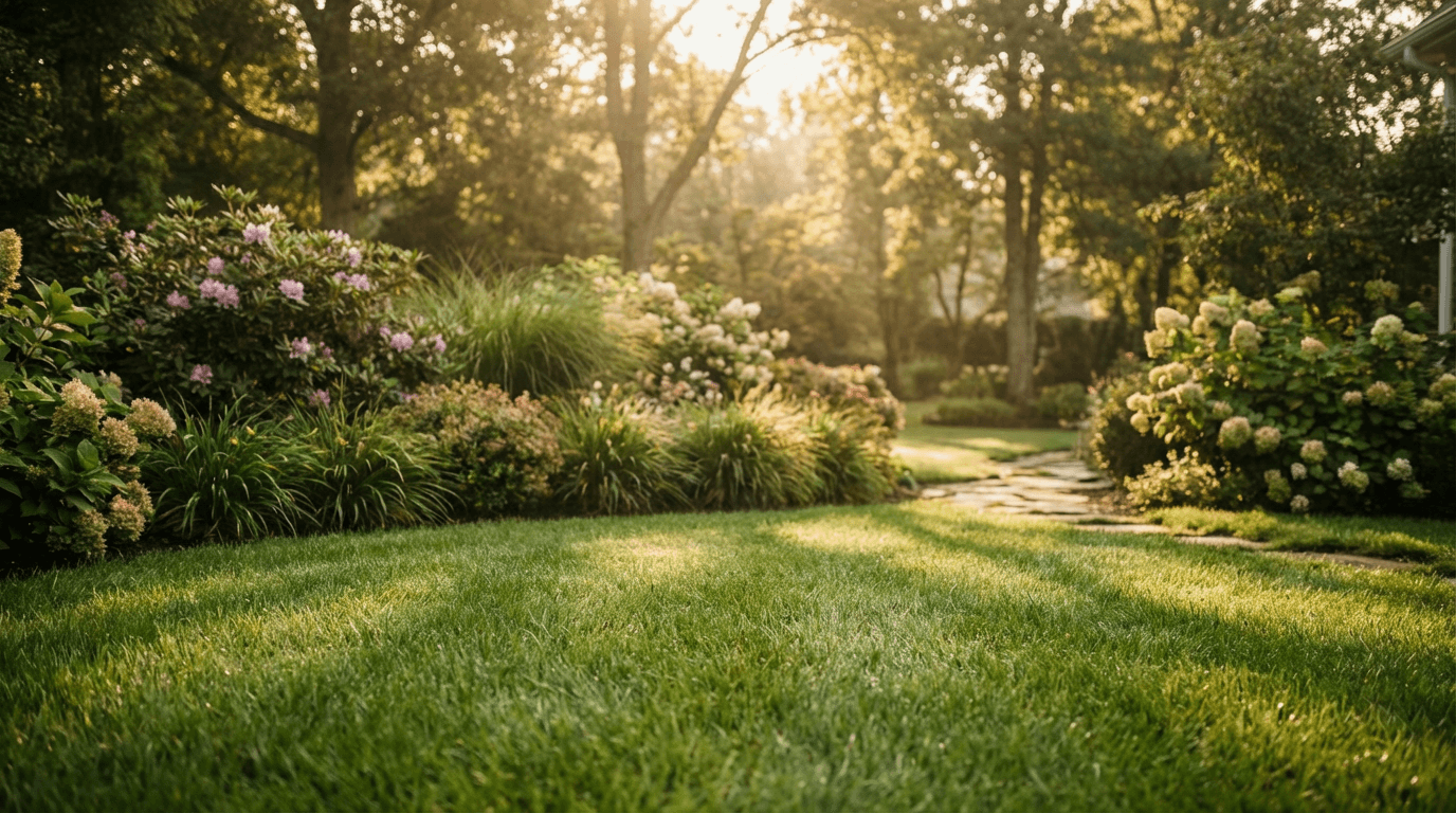 Satisfied homeowner reviewing their freshly maintained lawn on a sunny day
