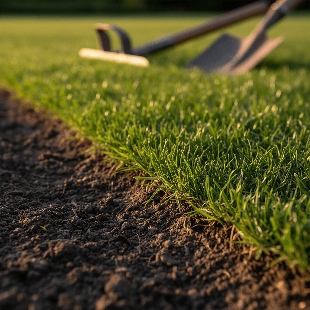 Precise lawn edging creating clean border between grass and garden bed