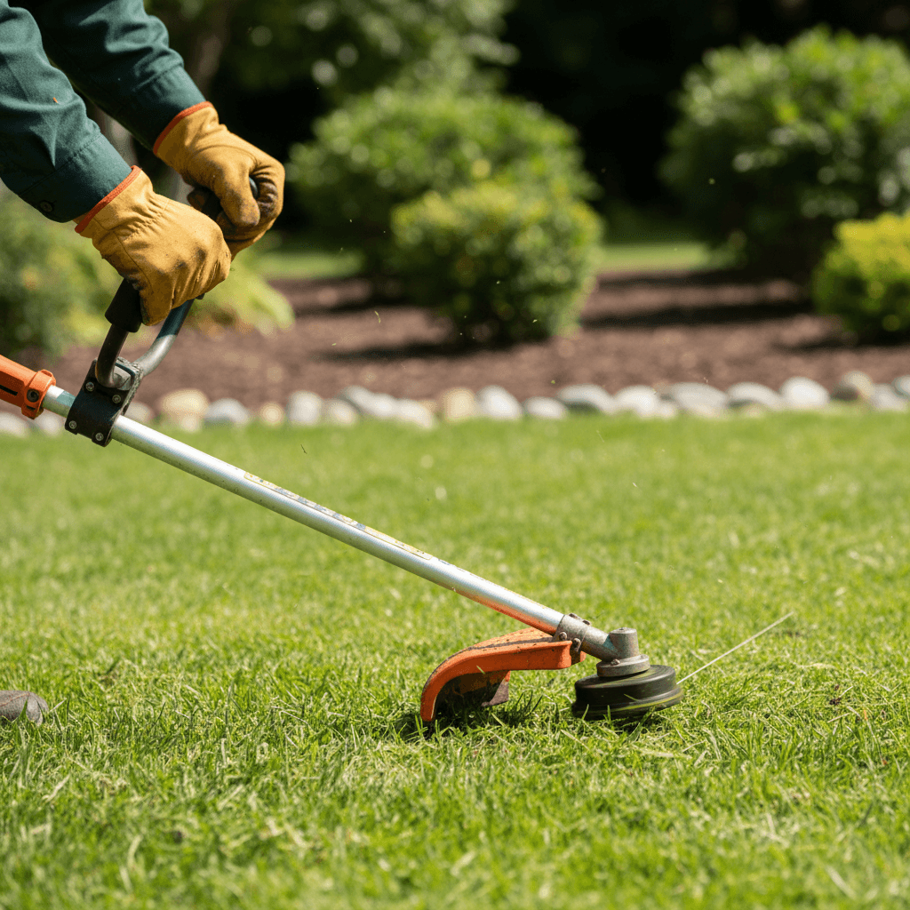 Close-up of hands preparing professional lawn care equipment with care