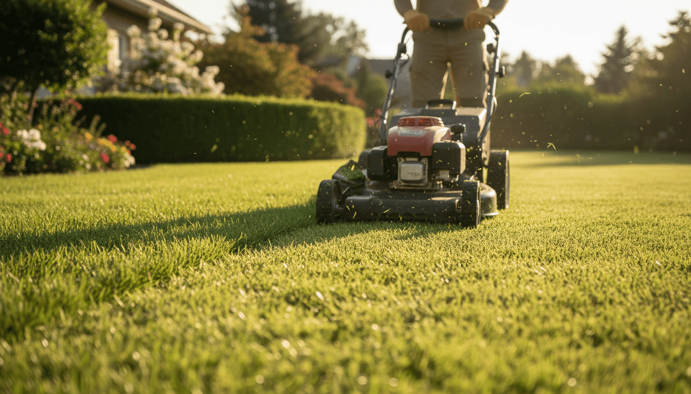 Professional lawn mowing service in Brampton with fresh-cut grass and manicured yard lines