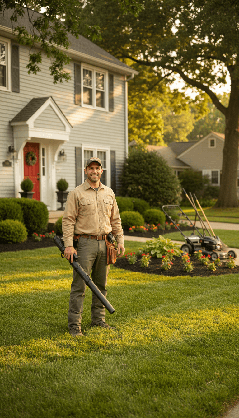 Husanpreet Narula, owner of Fresh Shine Lawn Care, standing in a residential backyard with professional lawn care equipment