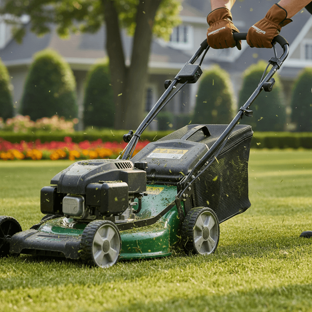 Professional lawn mower creating clean, even cutting lines on healthy green grass