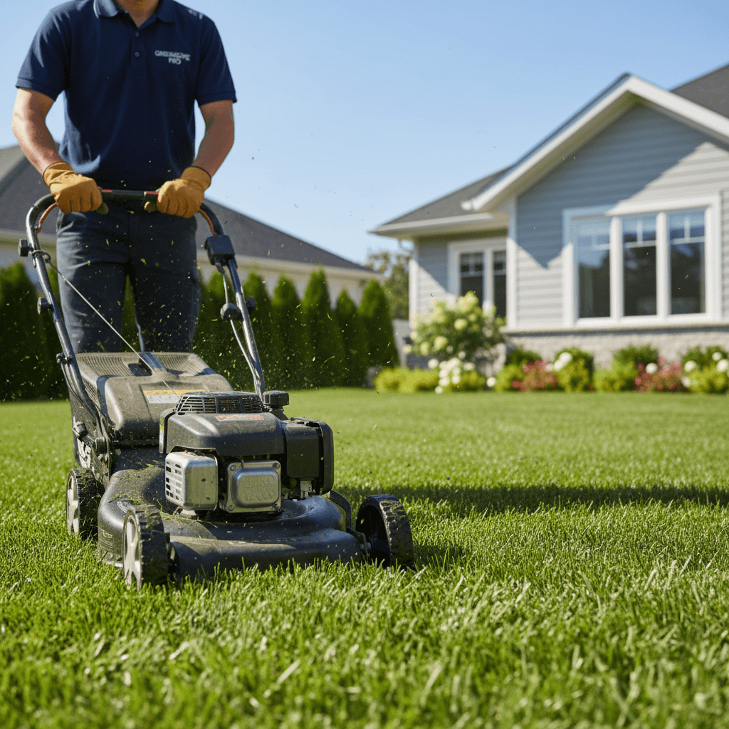 Professional lawn mower cutting grass in weekly maintenance service
